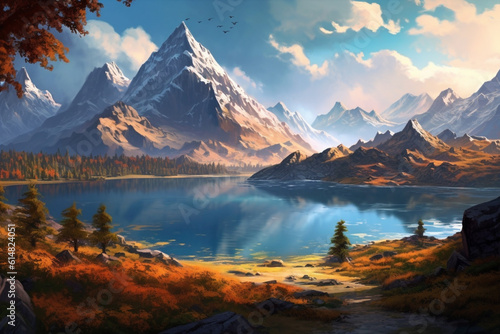  A breathtaking scene of a tranquil landscape featuring majestic mountains and an awe inspiring sunset, creating a sense of peace and beauty. Ai generated