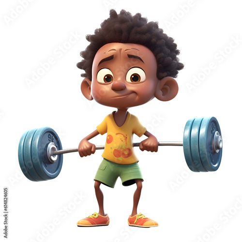 3D Render of an African American little boy lifting a barbell