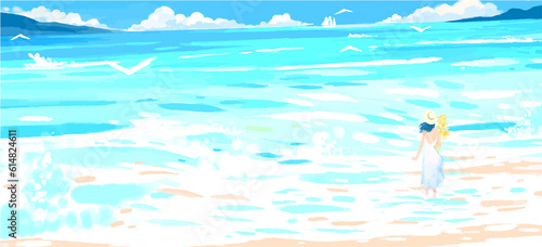 Travel girl enjoying the ocean waves by soaking her feet on the beach digital art painting illustration