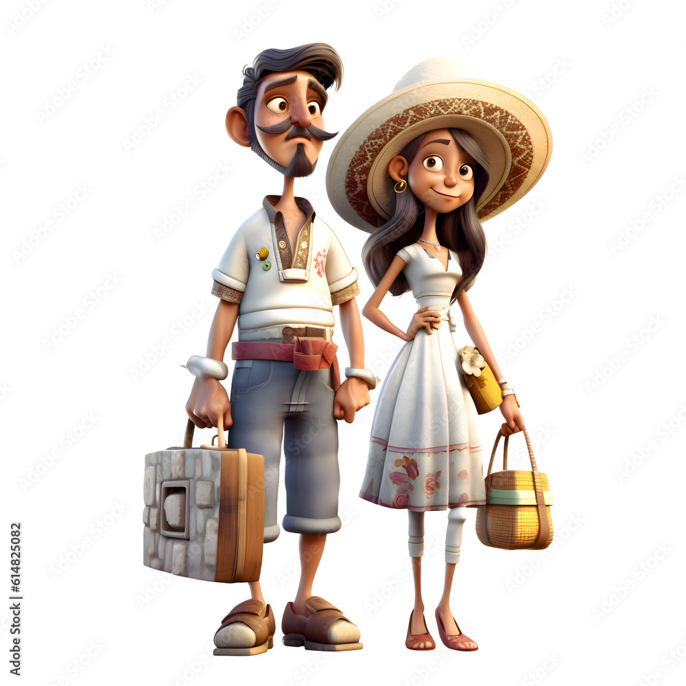 3D illustration of a young couple with a sombrero hat