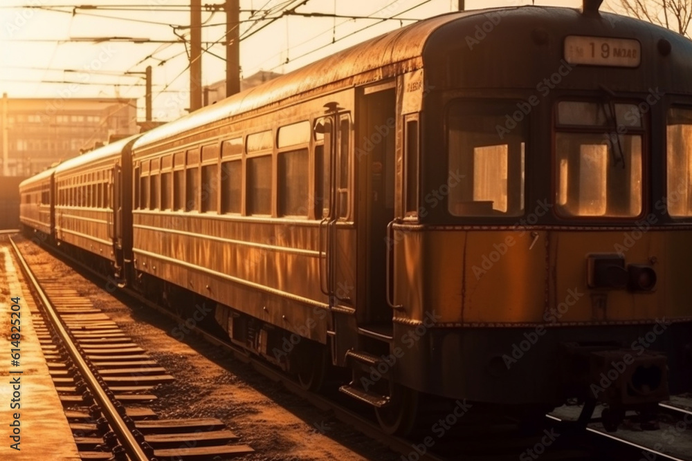 A nostalgic scene of a timeless and vintage train wagon against the backdrop of a captivating sunset, evoking a sense of nostalgia and tranquility. Ai generated