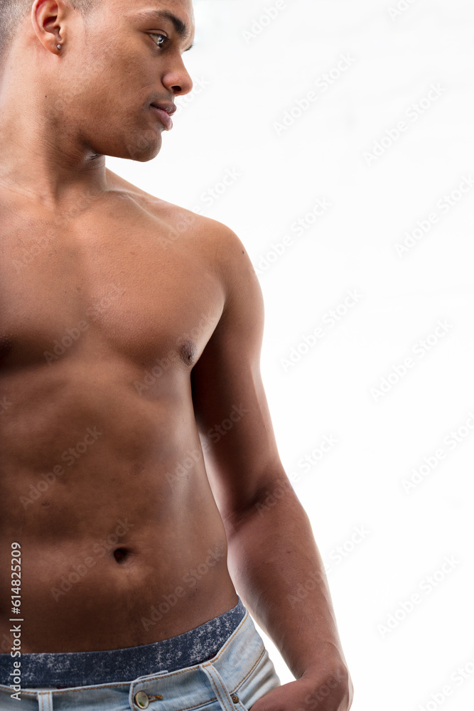Fototapeta premium Fit, shirtless man, casually virile, looks aside