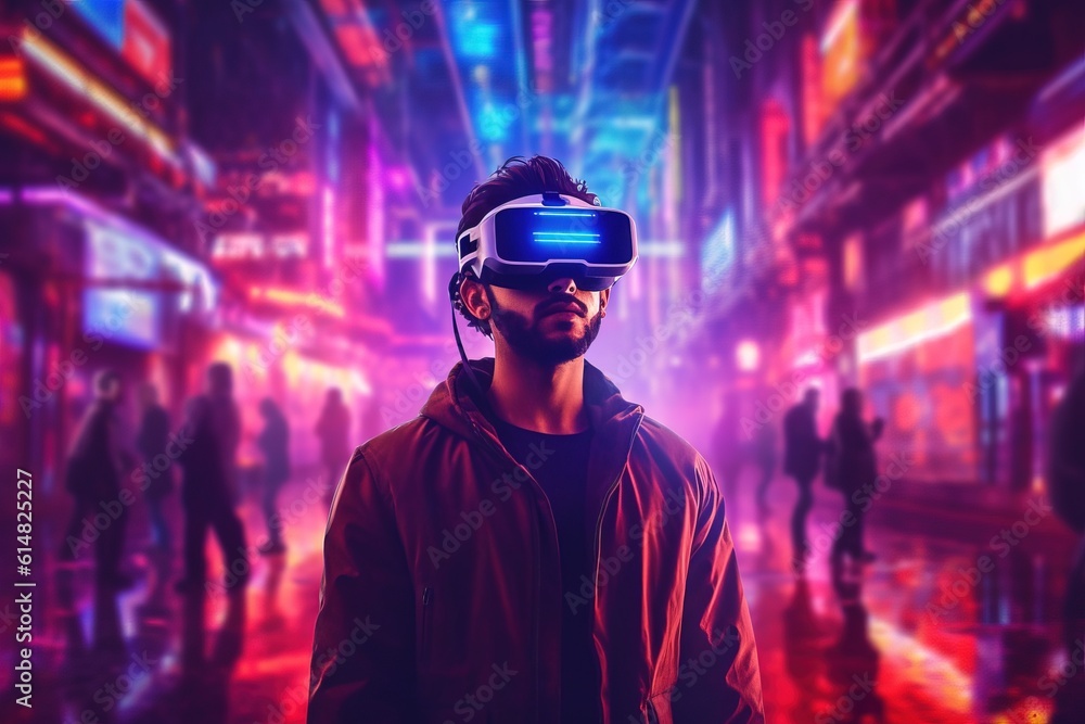 Metaverse technology concept. Man with VR virtual reality goggles. Generative ai image. Metaverse technology concept. Man with VR virtual reality goggles. Generative ai image.