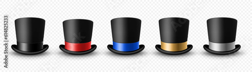 Vector 3d Realistic Black Top Hat Icon Set with Different Color Ribbon Closeup Isolated. Classic Retro Vintage Top Hat Collection, Vintage Gentlemans Mens Hats, Front View