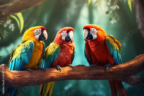 Three colorful parrots sit on a branch. Generative AI © voisine574
