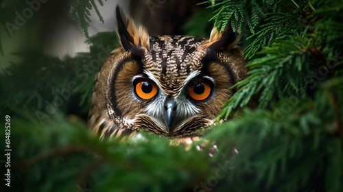 Juvenile long eared owl perched in the woods. Tawny owl. Spot owl in nature perched on a tree. Realistic 3D illustration. Generative AI