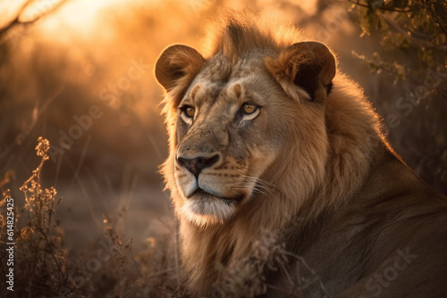 An awe inspiring sight of a massive lion majestically roaming the vast African savannah during the golden hues of sunset  showcasing the wild beauty of nature. Ai generated