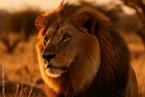 An awe inspiring sight of a massive lion majestically roaming the vast African savannah during the golden hues of sunset  showcasing the wild beauty of nature. Ai generated