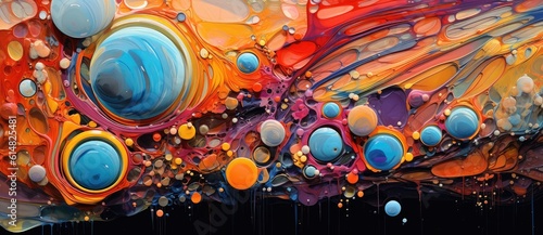 vibrant and dynamic abstract design, colorful bubbles dance across the canvas. The composition is filled with a burst of energy, as the bubbles float and intertwine with one another.