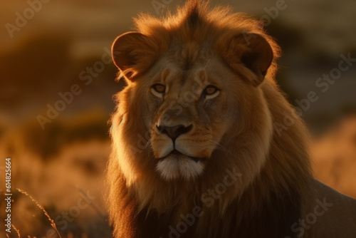 An awe inspiring sight of a massive lion majestically roaming the vast African savannah during the golden hues of sunset, showcasing the wild beauty of nature. Ai generated