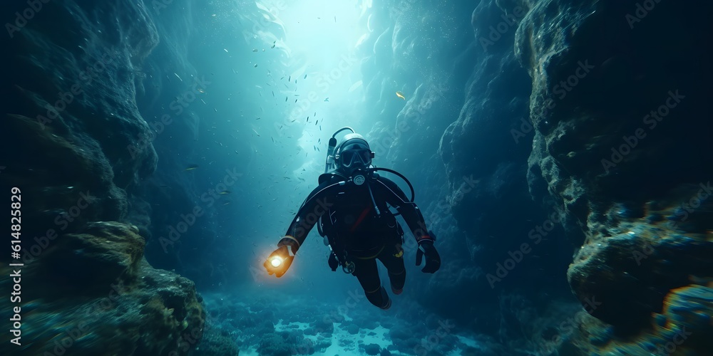 Scuba deep sea diver swimming in a deep ocean cavern . Underwater exploration. Into the abyss Scuba deep sea diver swimming in a deep ocean cavern . Underwater exploration. Into the abyss