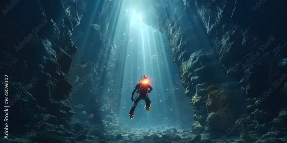Scuba deep sea diver swimming in a deep ocean cavern . Underwater exploration. Into the abyss Scuba deep sea diver swimming in a deep ocean cavern . Underwater exploration. Into the abyss
