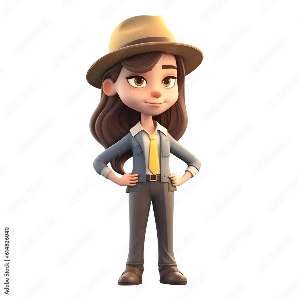 Young detective woman with hat and jacket on white background. 3D rendering.