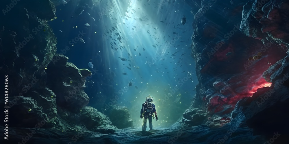 Scuba deep sea diver swimming in a deep ocean cavern . Underwater exploration. Into the abyss