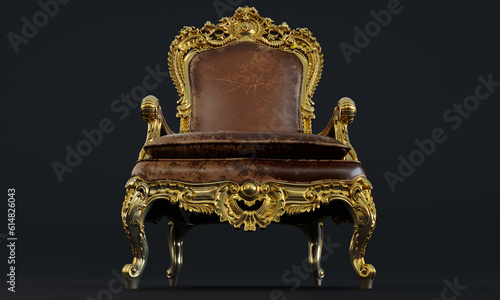 3D render of old king armchair on a black background, king throne