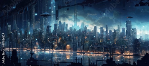  Futuristic city's silhouette is beautifully contrasted against the deep blue hues of the night sky,