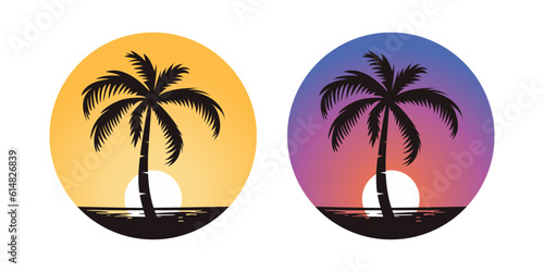 Vector Palm Trees  Palm Tree Icon Set Isolated. Palm Silhouettes on Sunset Background. Design Template for Tropical  Vacation  Beach  Summer Concept. Vector Illustration. Front View