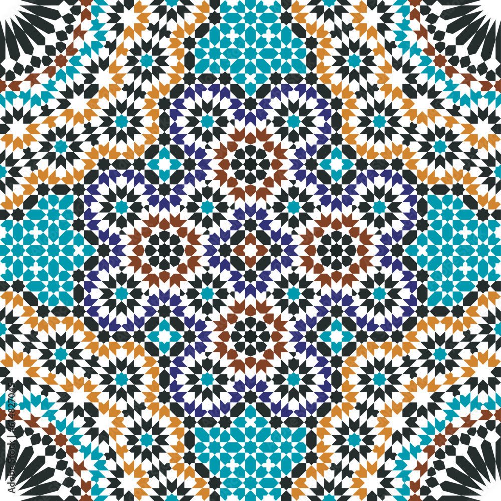 Seamless geometric pattern in Arabic style Zellij in colors