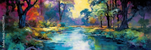 In this vibrant painting, a river trail comes to life with an explosion of colors. The lush green trees line the riverbanks, their branches reaching towards the sky.