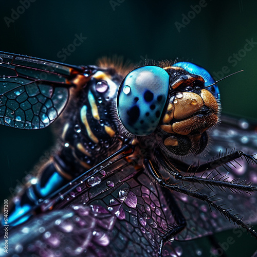 Macro portrait of a dragonfly with big eyes on a dark background,in the rain,photorealistic image © anca enache