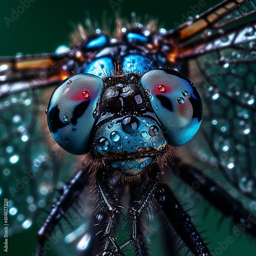 Macro portrait of a dragonfly with big eyes on a dark background,in the rain,photorealistic image © anca enache