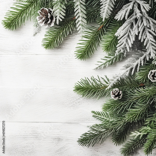 white christmas background with fir branches and cones in a corner and copy space