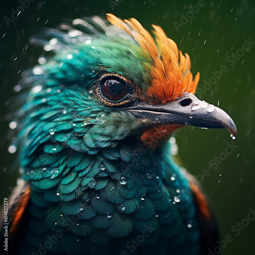 portrait of a green bird head in the rain
