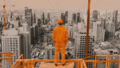  cCanes tower over a vibrant cityscape. Men in hard hats and high-visibility vests stand at various vantage points, observing the progress of the construction project.