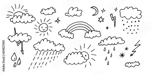  Set of weather icons in the doodle style.