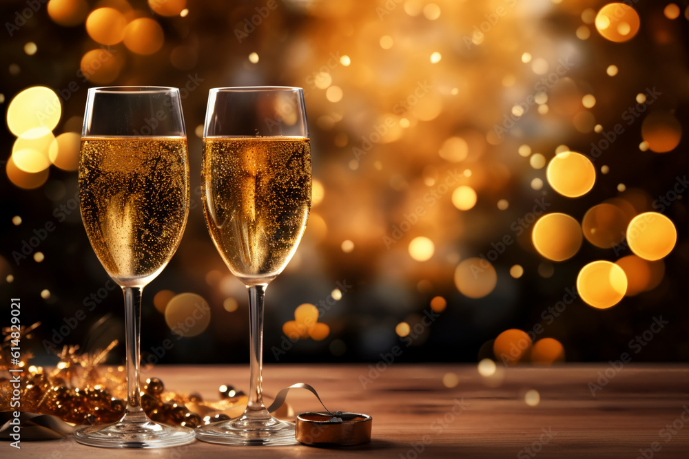 two champagne flutes on the table with gold bokeh lights in the background created with AI generative tools two champagne flutes on the table with gold bokeh lights in the background created with AI generative tools