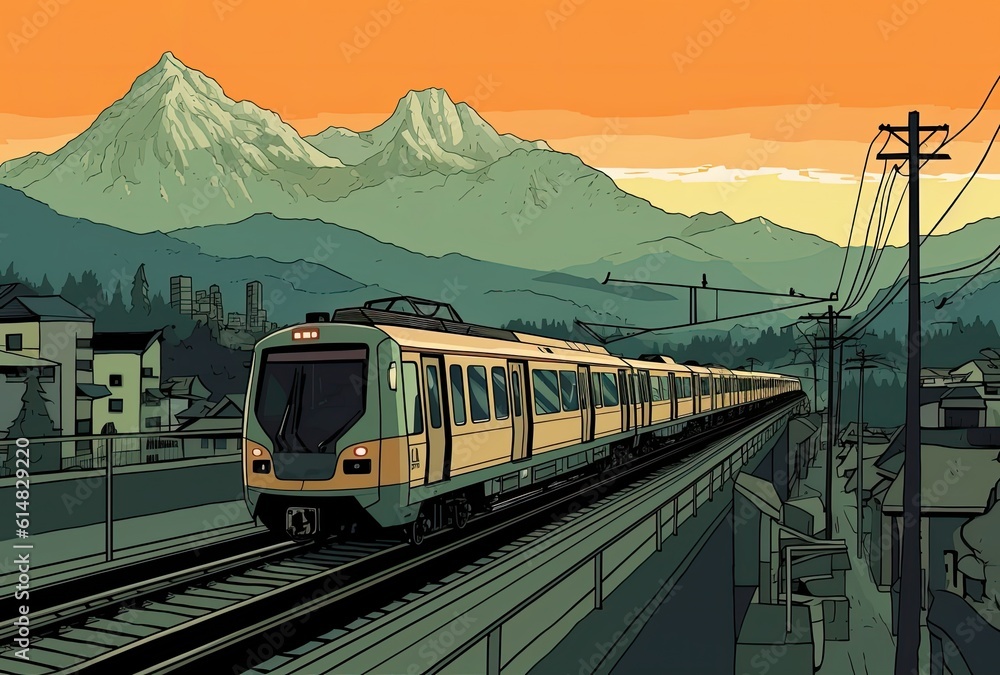 Train gliding through a bustling cityscape with majestic mountains towering in the background.