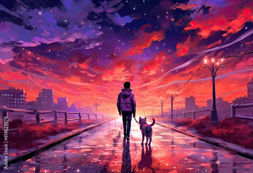 Anime-style painting, a young man with spiky hair is depicted walking his dog along a winding path. The vibrant colors and expressive lines bring the scene to life.
