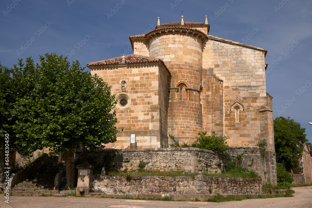Cervera de Pisuerga (Spain), June 14, 2023. Church of the Assumption. It is located in the neighborhood of Santa María. It preserves the Romanesque apse of the primitive temple.