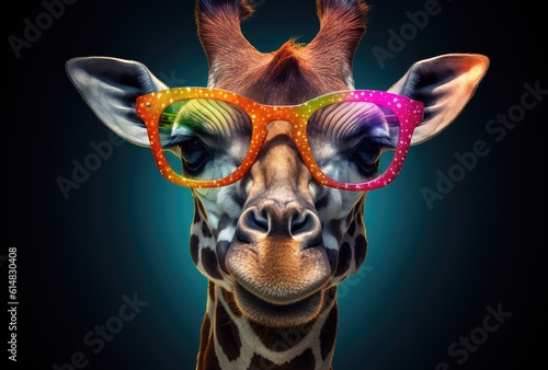 Giraffe wearing colorful glasses. The vibrant glasses add a playful touch, with various colors and patterns that reflect its fun and quirky personality