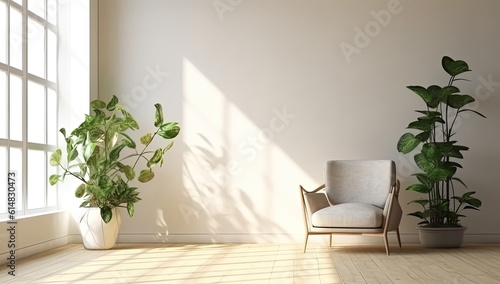 white room with minimalistic design. A comfortable chair sits in the corner  inviting relaxation and contemplation. The room is adorned with lush green plants  bringing a touch of nature indoors.