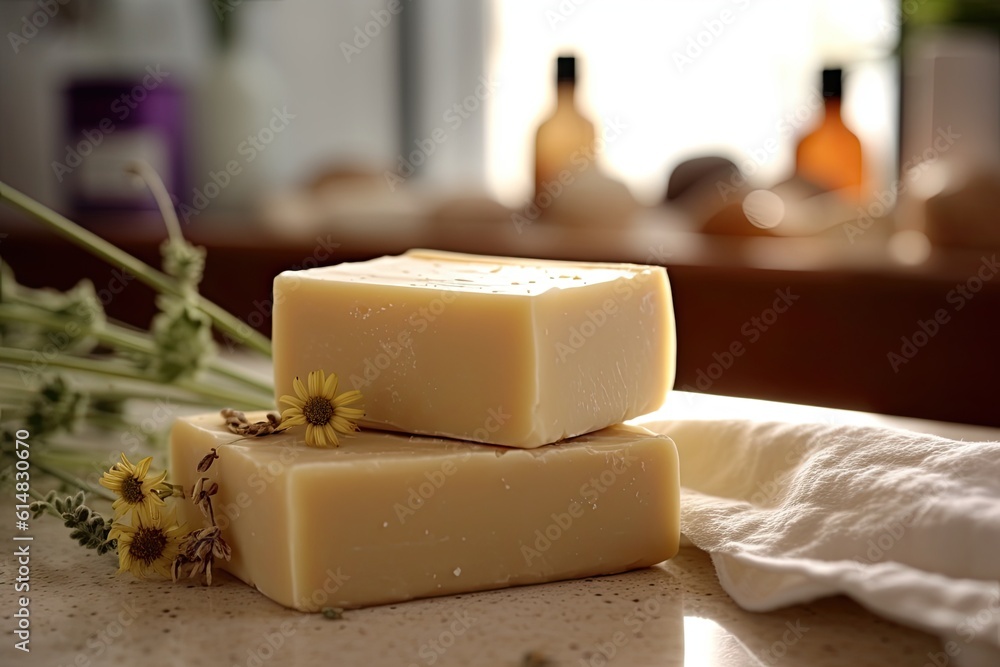 Φωτογραφία Bars of natural handmade soap with herbs and flowers illuminated by the morning sun