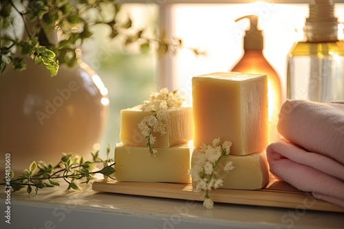 Bars of natural soap illuminated by the morning sun. The concept of natural soap. AI generated.