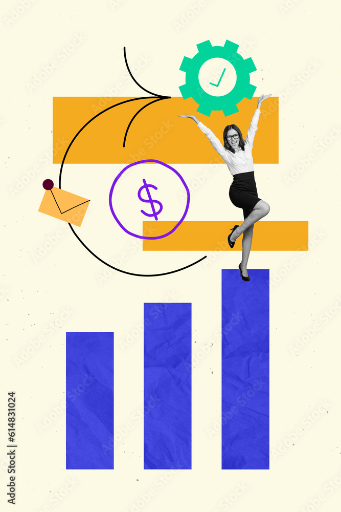 Obraz premium Vertical composite creative design collage of funky young woman hands hold mechanical gear good result stats isolated on beige background