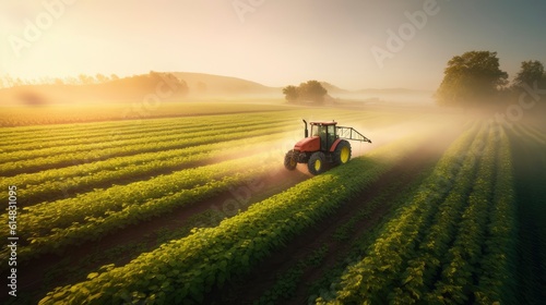 Generative AI Tractor spraying soybean at farmland during morning time