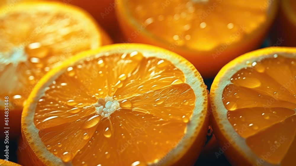 Fresh oranges and orange pieces with water drops decorating the surface Fresh oranges and orange pieces with water drops decorating the surface