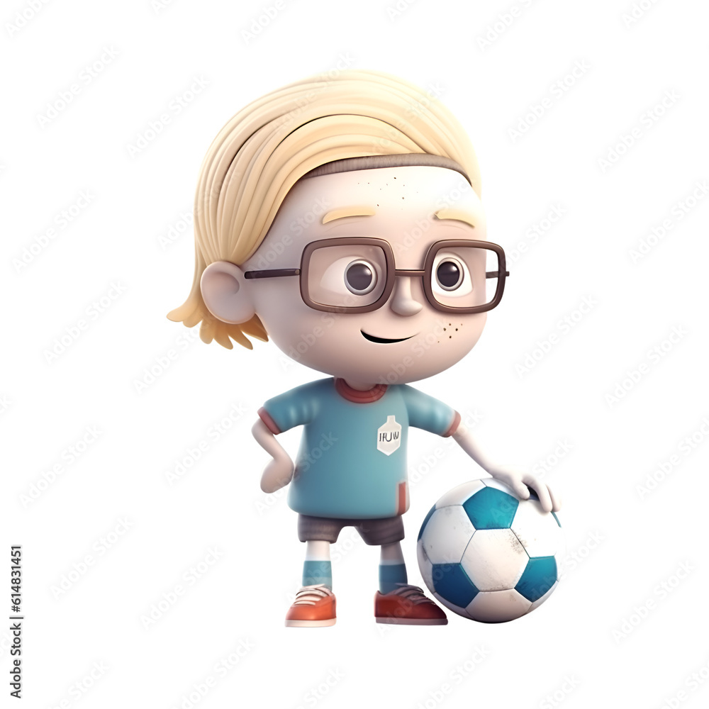 3D Render of a Little Boy with Glasses and Soccer Ball