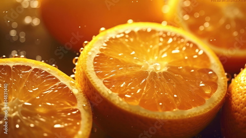 Fresh oranges and orange pieces with water drops decorating the surface
