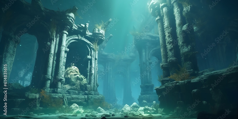 Underwater ocean ruins. Lost City of Atlantis. Crumbling deep sea diving exploration