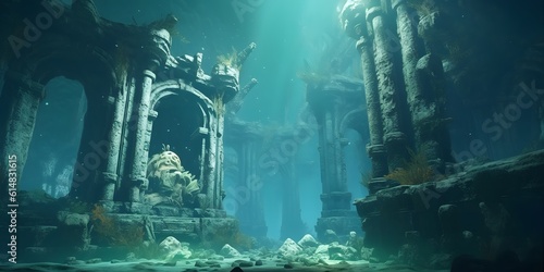 Underwater ocean ruins. Lost City of Atlantis. Crumbling deep sea diving exploration
