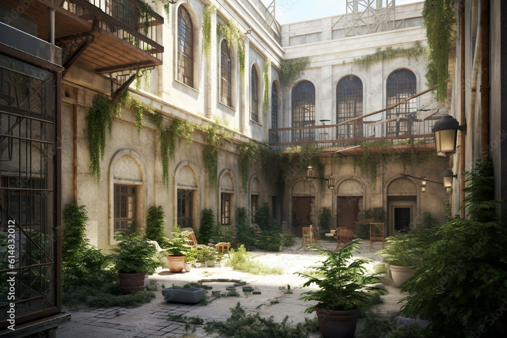 Fototapeta premium Ancient prison, brick walls. Courtyard. AI generated.