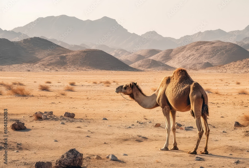 Fototapeta premium Camel in desert landscape, generative ai