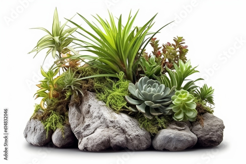 Stone, rock overgrown with moss and plants, isolated on a white background. Design mocap element. AI generated.