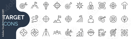 Set of outline icons related to aim, target, goal, achievement, headhunting, employment. Editable stroke. Vector illustration. 