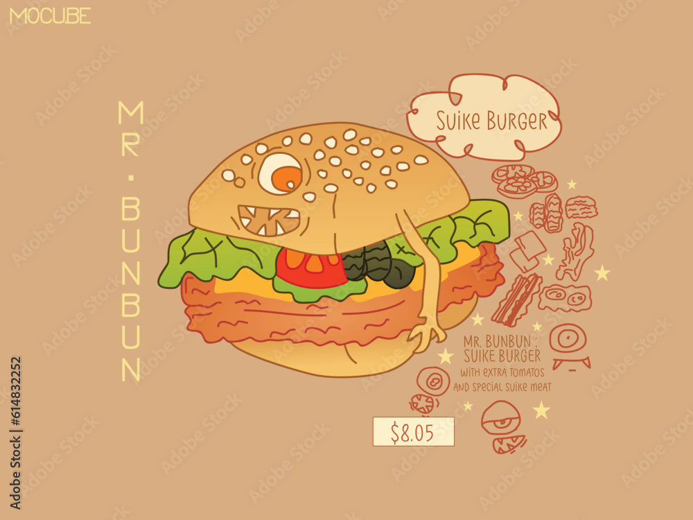 burger character design with patty of swike meat burger character design with patty of swike meat