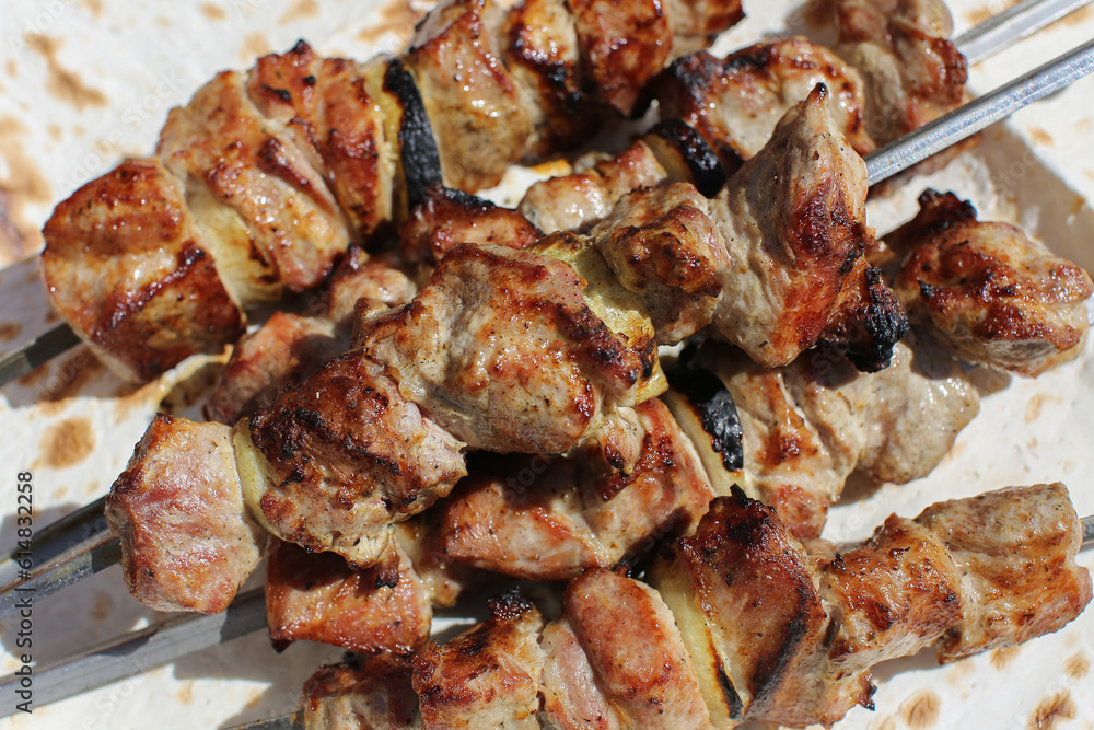 Cooked fried shish kebab. Barbecue party. Close-up.